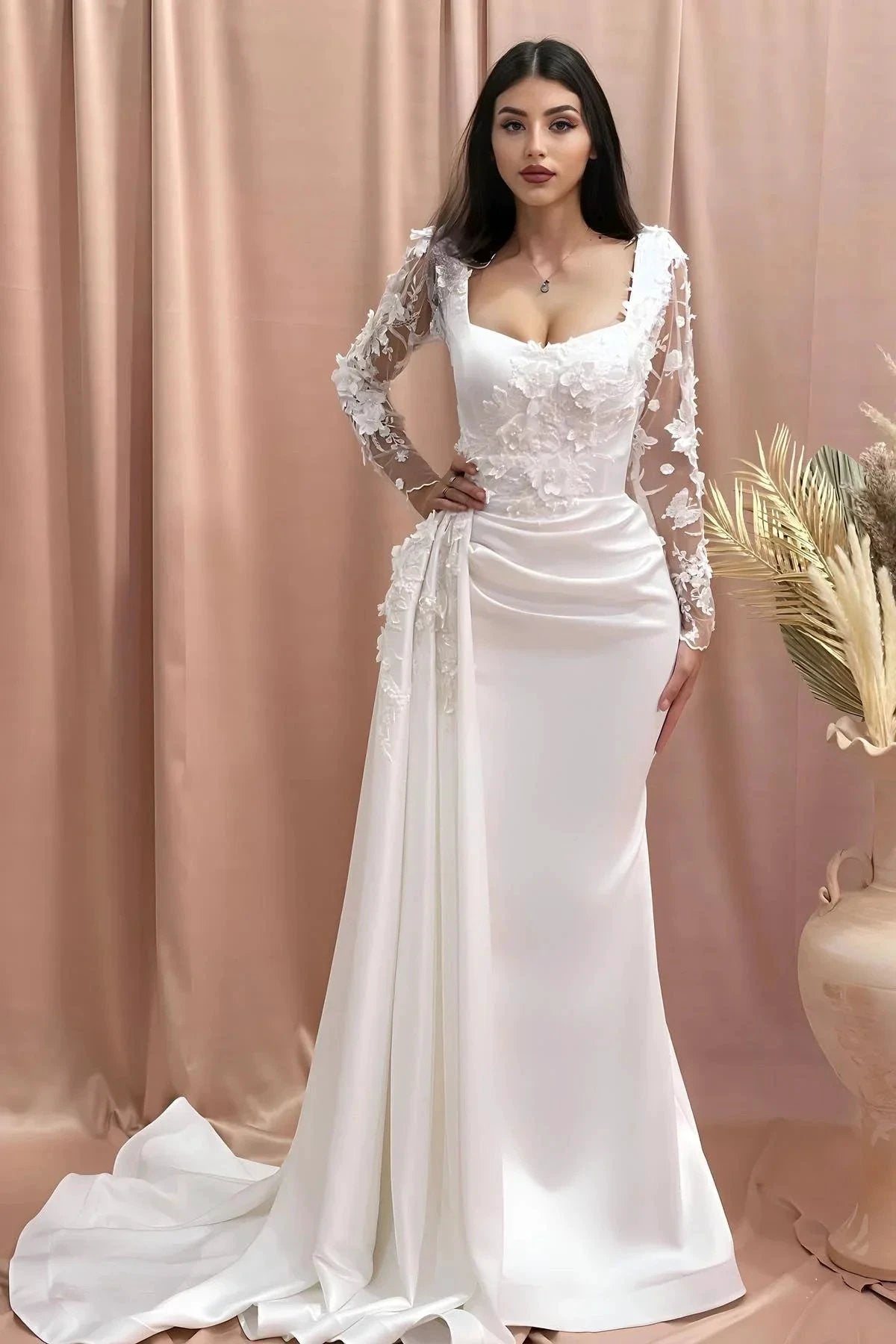 Charming Column Off-the-shoulder Long Sleeve Appliques Satin Lace Wedding Dresses (ZD15554)