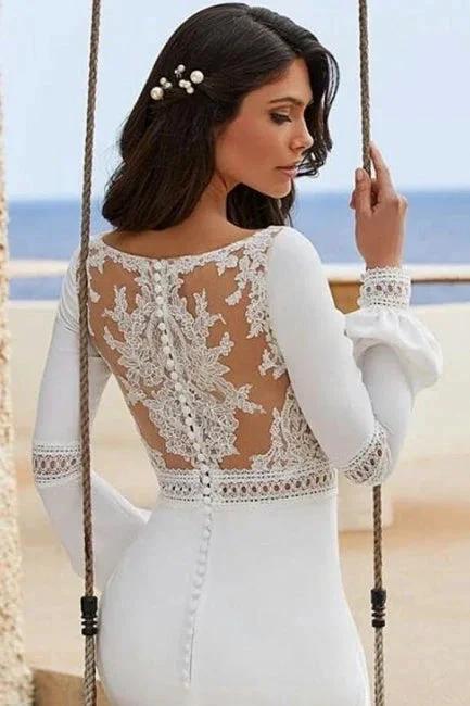 Charming Column Satin Long Sleeve White Wedding Dresses With Appliques (ZD16657)
