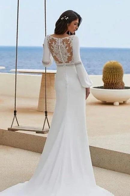 Charming Column Satin Long Sleeve White Wedding Dresses With Appliques (ZD16657)