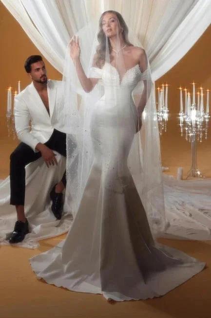 Charming Column Satin Off-The-Shoulder Sleeveless Ivory Wedding Dresses With Beading (ZD15513)