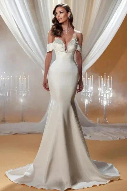 Charming Column Satin Off-The-Shoulder Sleeveless Ivory Wedding Dresses With Beading (ZD15513)