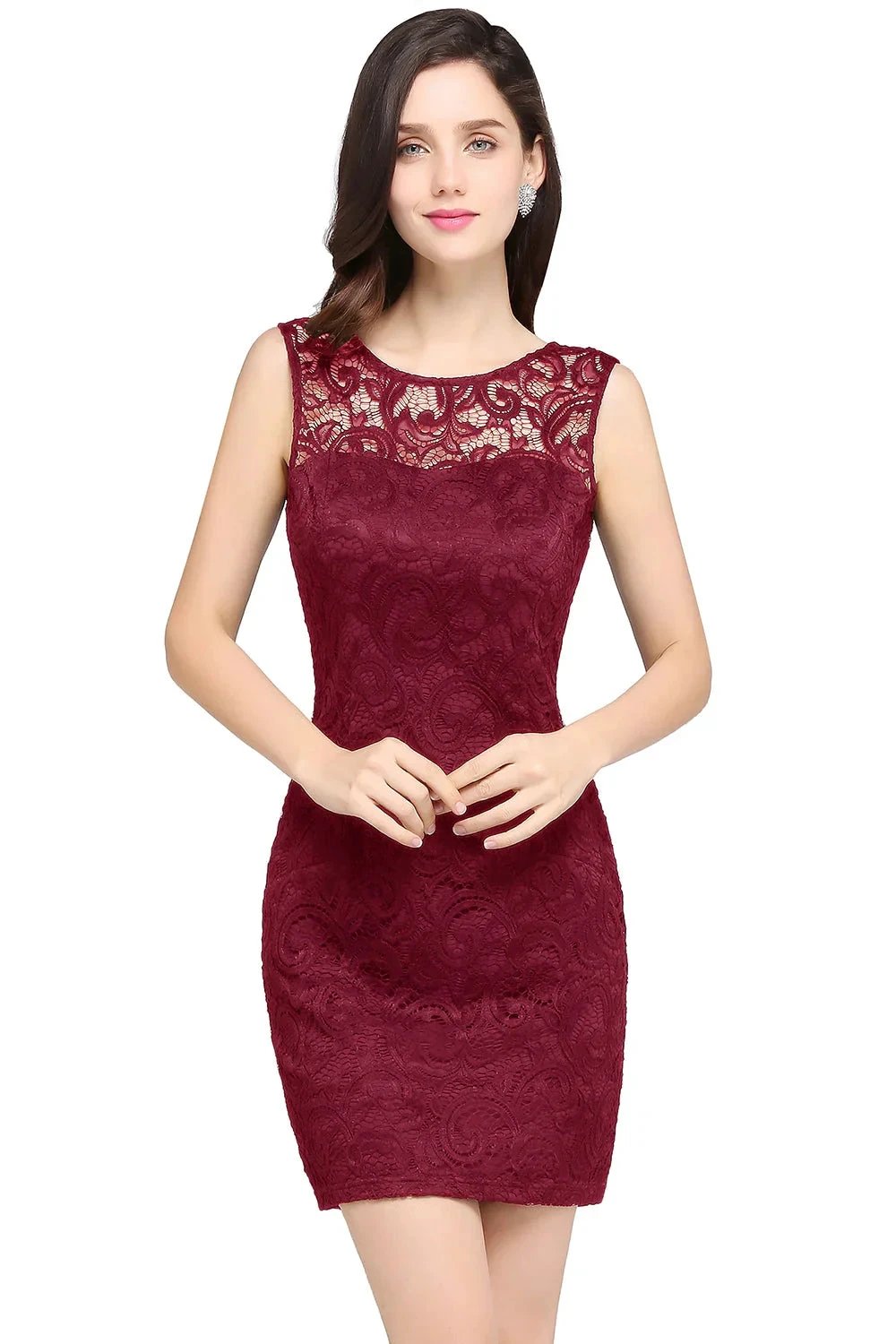 Charming Column Scoop Sleeveless Lace Short Bridesmaid Dresses by misshow.com