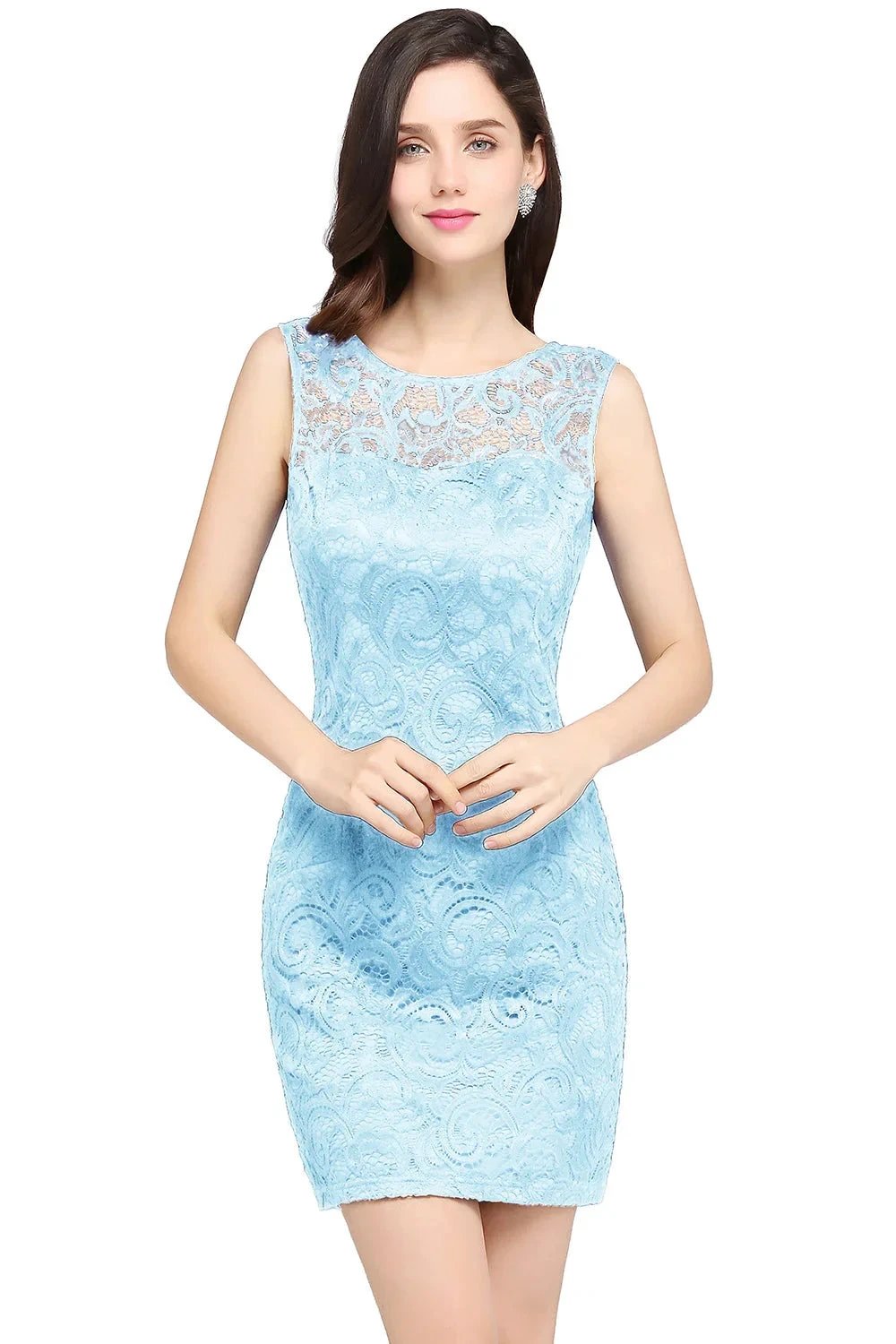 Charming Column Scoop Sleeveless Lace Short Bridesmaid Dresses by misshow.com