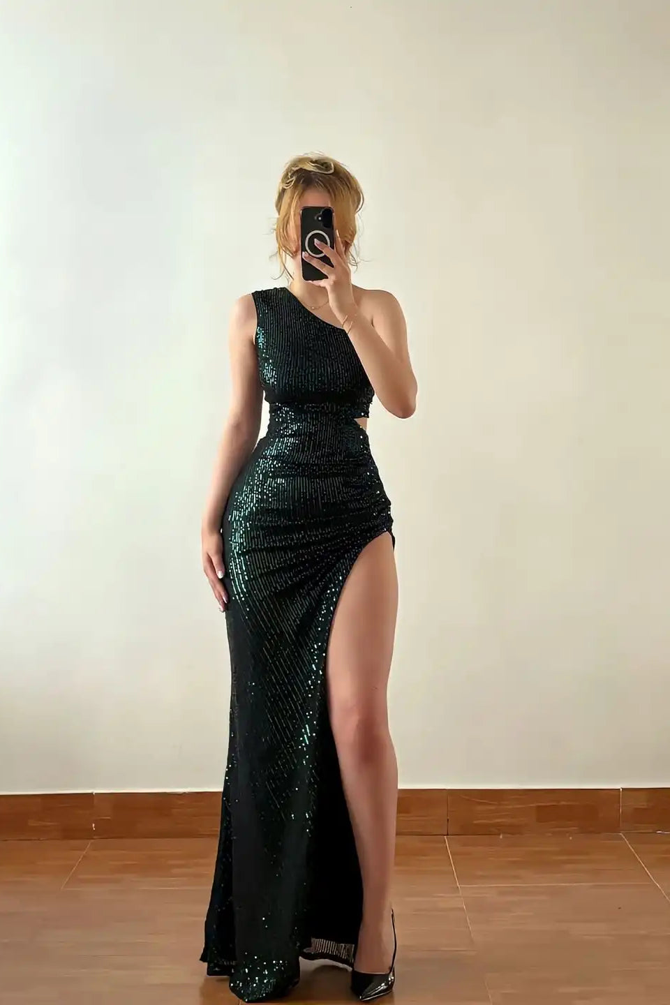 Charming Dark Green One-Shoulder Sleeveless Mermaid Sequins Prom Dress Column With High Split