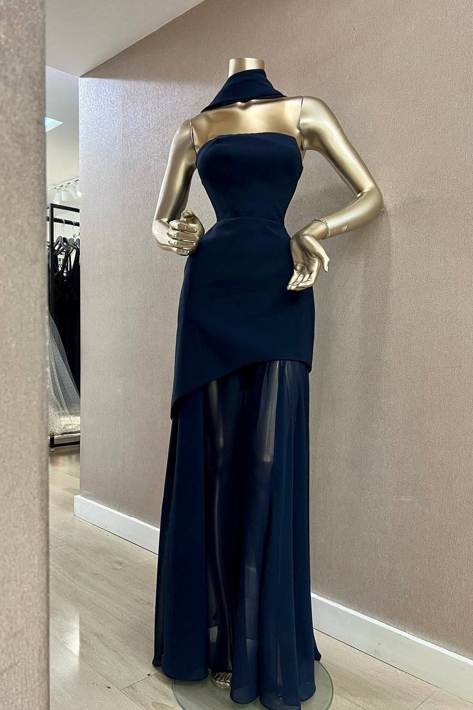 Charming Dark Navy Strapless Sleeveless Stain Prom Dresses Sheath Long