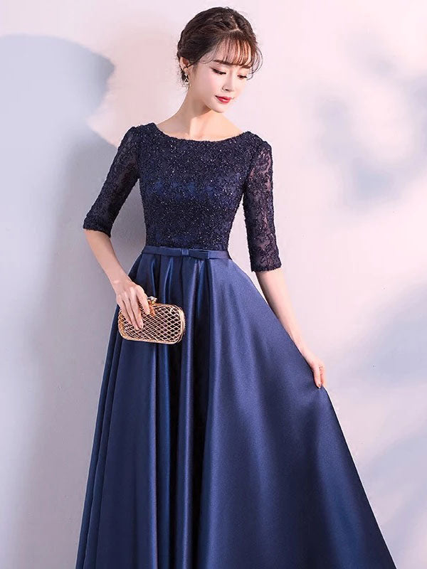 Charming Evening Dresses Dark Navy Long evening dress Lace Satin Bow Sash Half Sleeve Formal Gowns