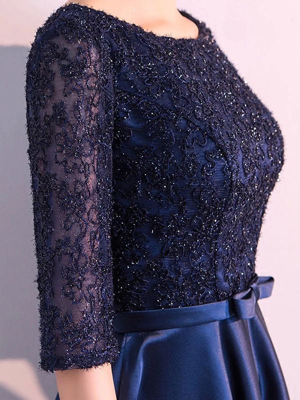 Charming Evening Dresses Dark Navy Long evening dress Lace Satin Bow Sash Half Sleeve Formal Gowns