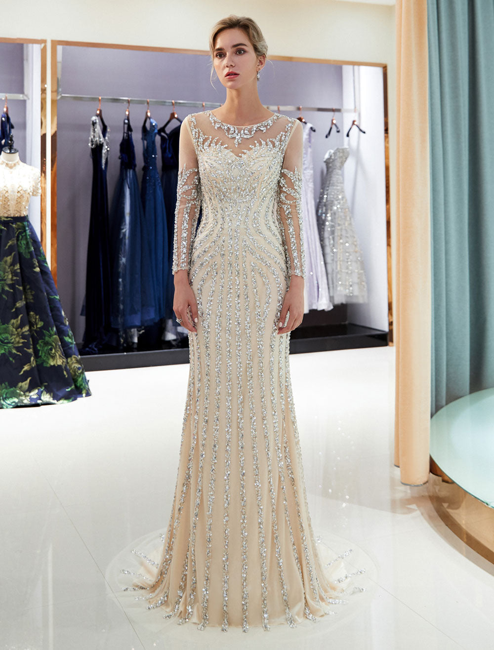 Charming Evening Dresses Long Sleeve Light Grey Mermaid Beading Illusion Luxury Formal Gowns