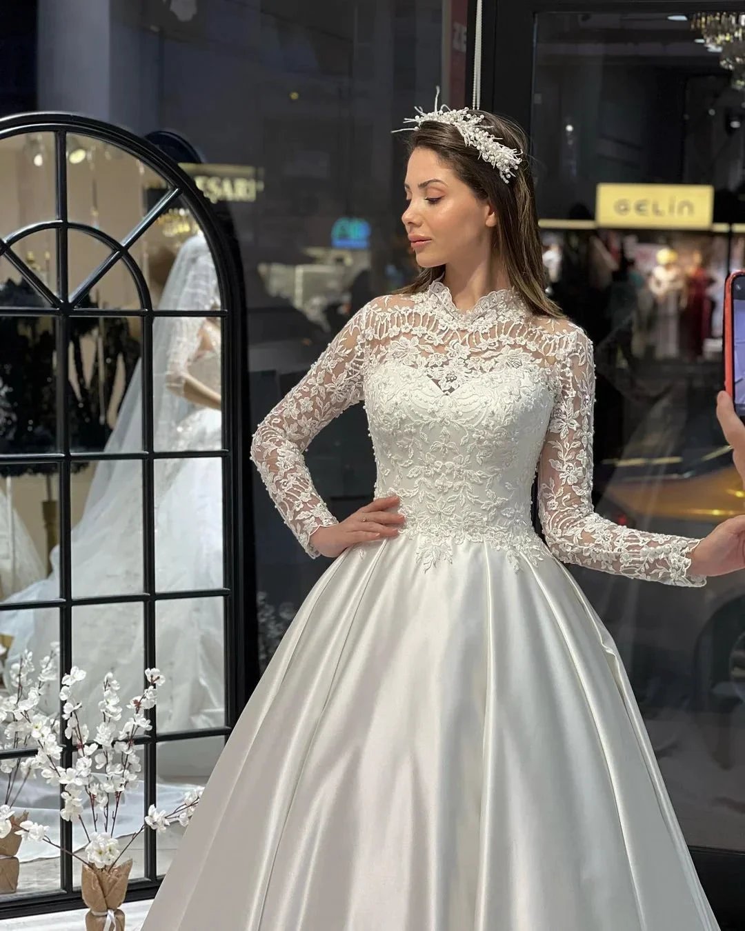 Charming Floor Length Crew Long Sleeves A-Line Satin Wedding Dress with Ruffles (ZD14796)