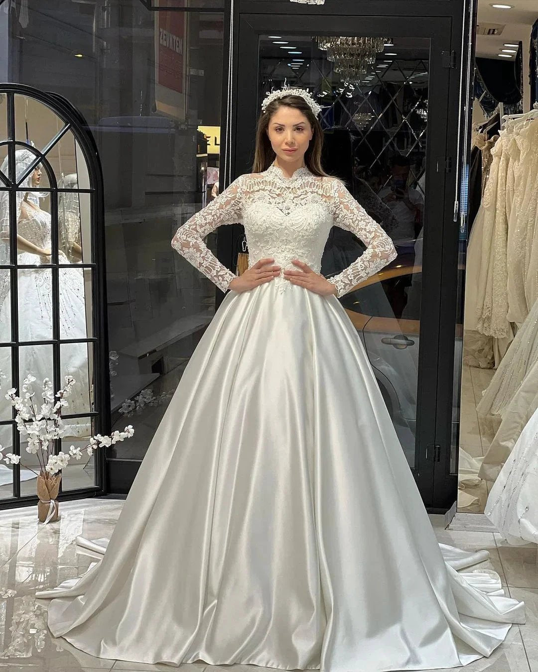 Charming Floor Length Crew Long Sleeves A-Line Satin Wedding Dress with Ruffles (ZD14796)