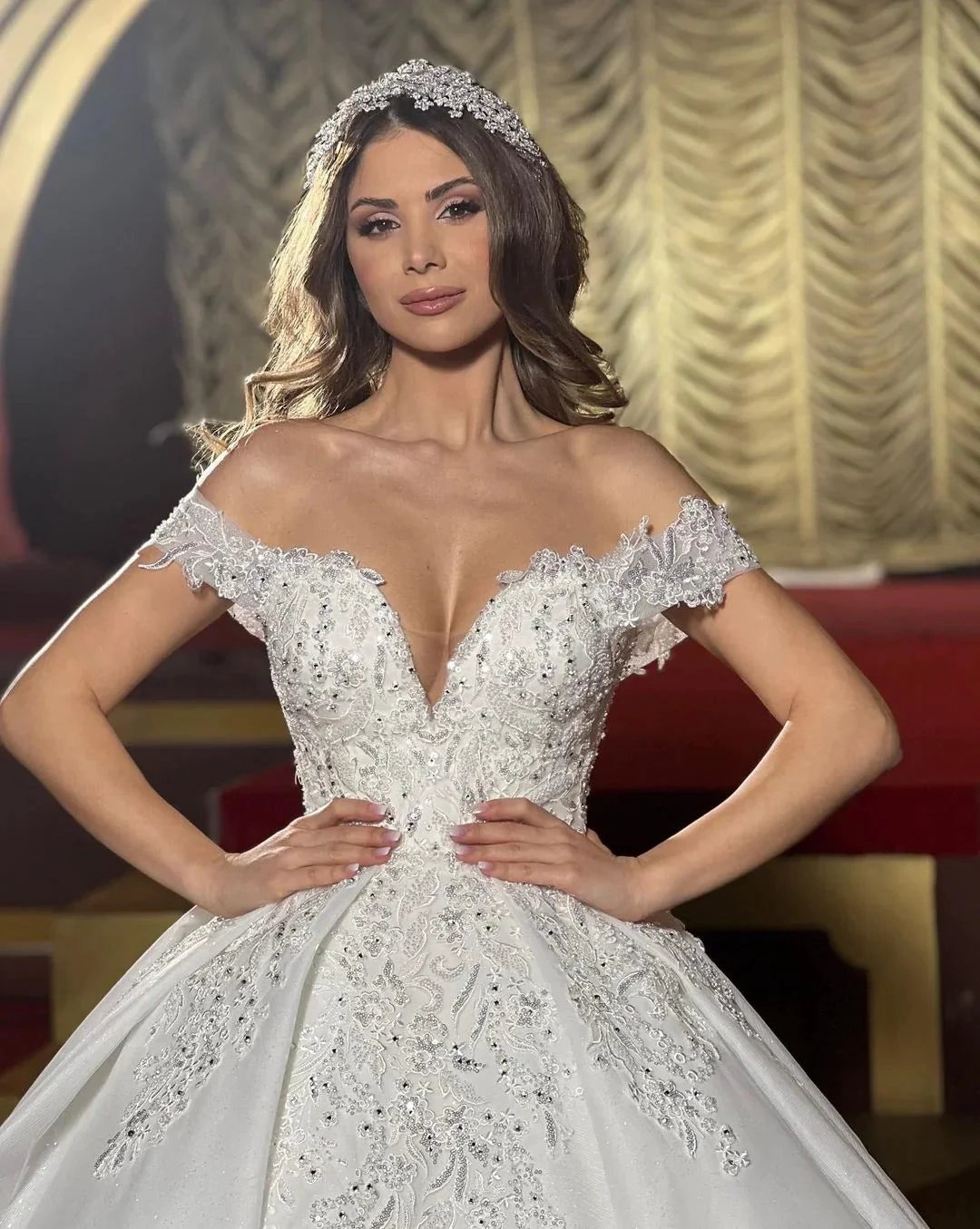 Charming Floor Length Off-The-Shoulder A Line Satin Wedding Dress with Ruffles (ZD14825)
