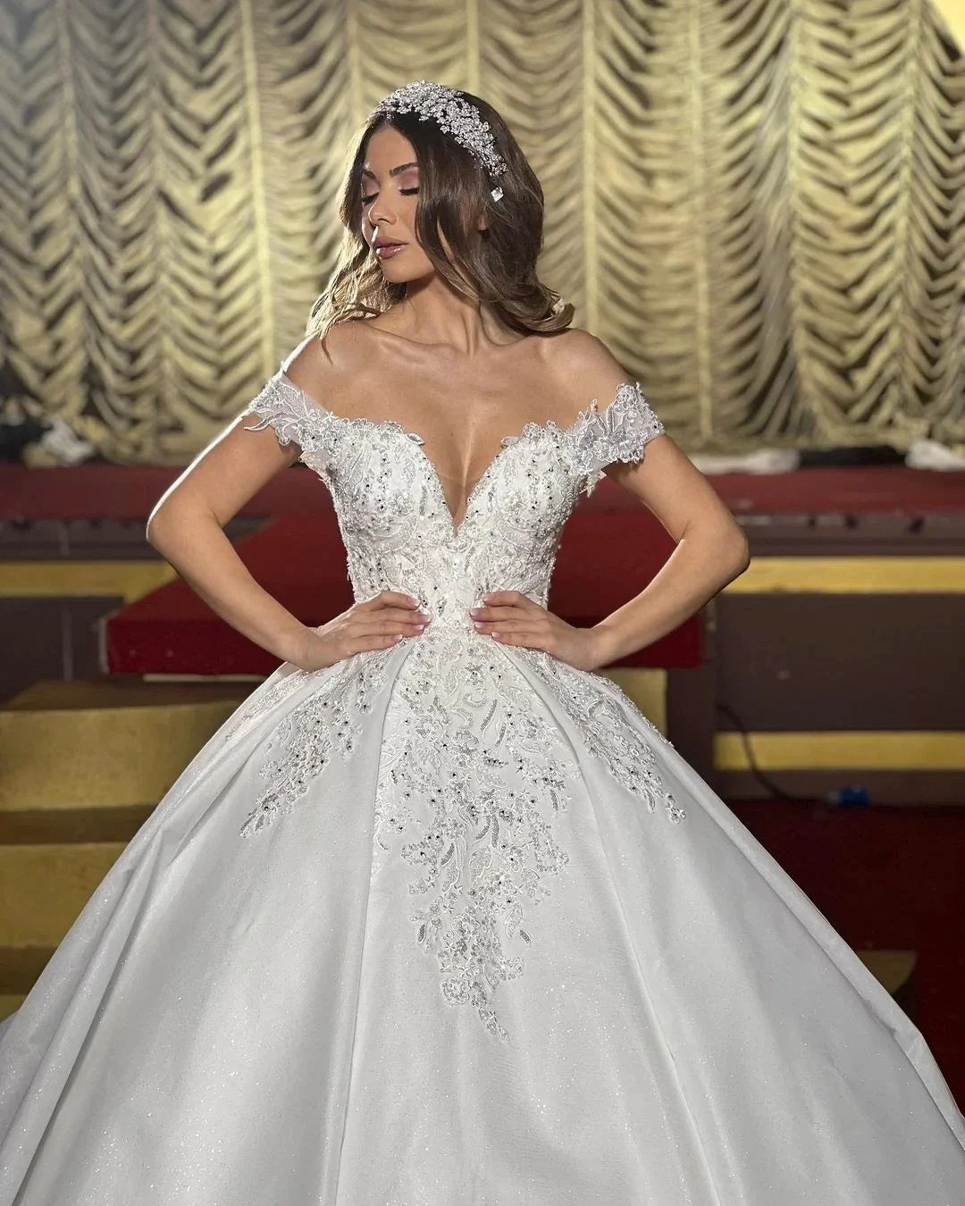 Charming Floor Length Off-The-Shoulder A Line Satin Wedding Dress with Ruffles (ZD14825)