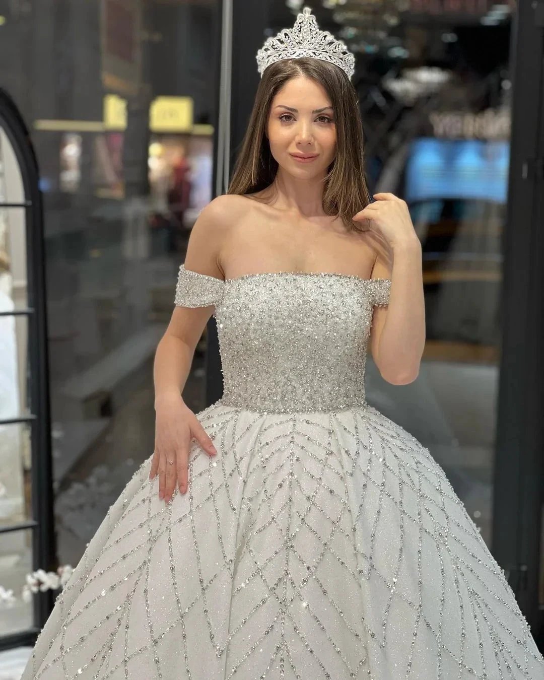 Charming Floor Length Off-The-Shoulder A-Line Sequined Wedding Dress with Court Train (ZD14793)
