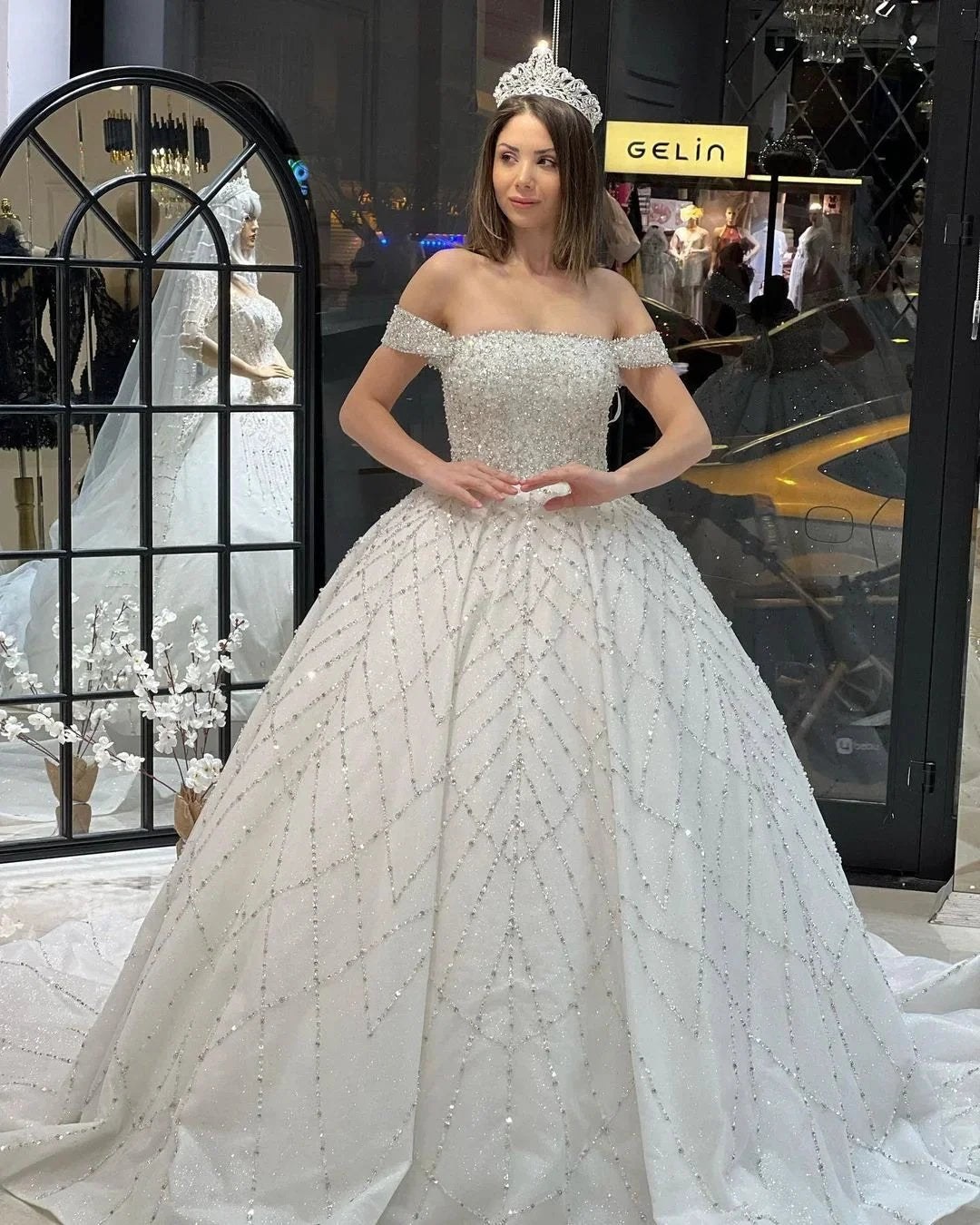 Charming Floor Length Off-The-Shoulder A-Line Sequined Wedding Dress with Court Train (ZD14793)