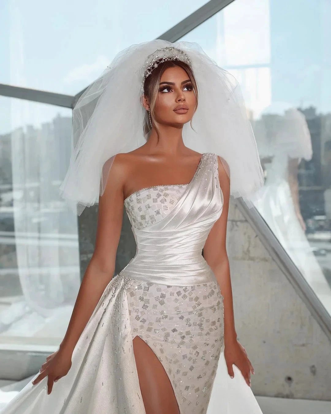 Charming Floor Length Sleeveless One-Shoulder Mermaid Wedding Dress with Split (ZD14776)