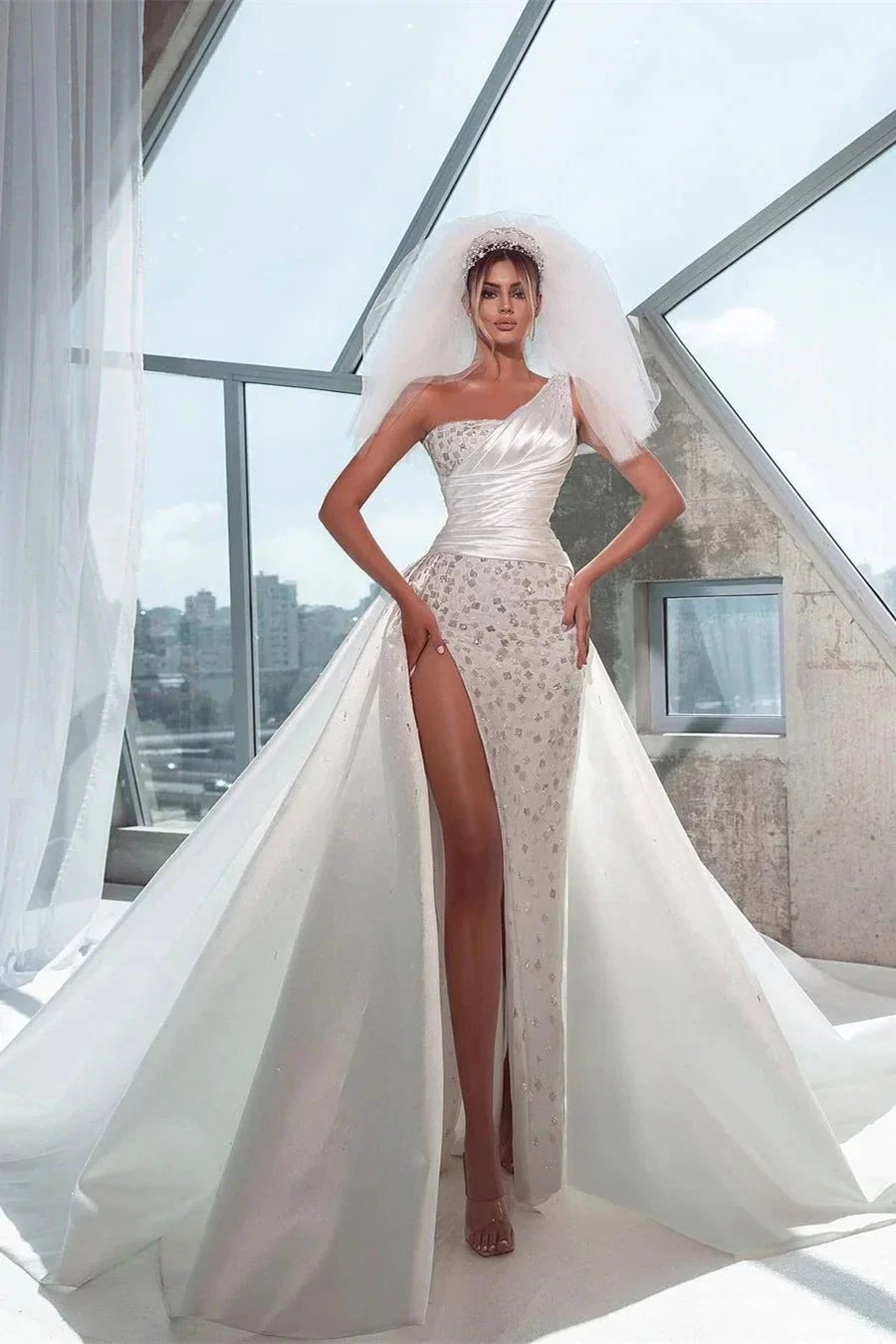 Charming Floor Length Sleeveless One-Shoulder Mermaid Wedding Dress with Split (ZD14776)