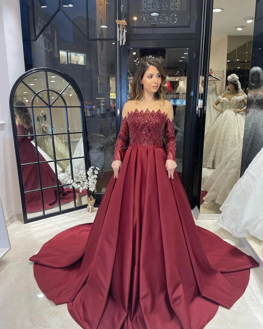 Charming Floor Length Strapless Long Sleeves A-Line Satin Wedding Dress with Ruffles (ZD14801)