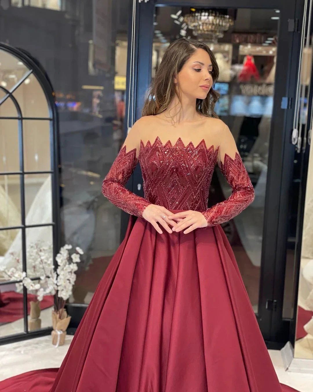 Charming Floor Length Strapless Long Sleeves A-Line Satin Wedding Dress with Ruffles (ZD14801)