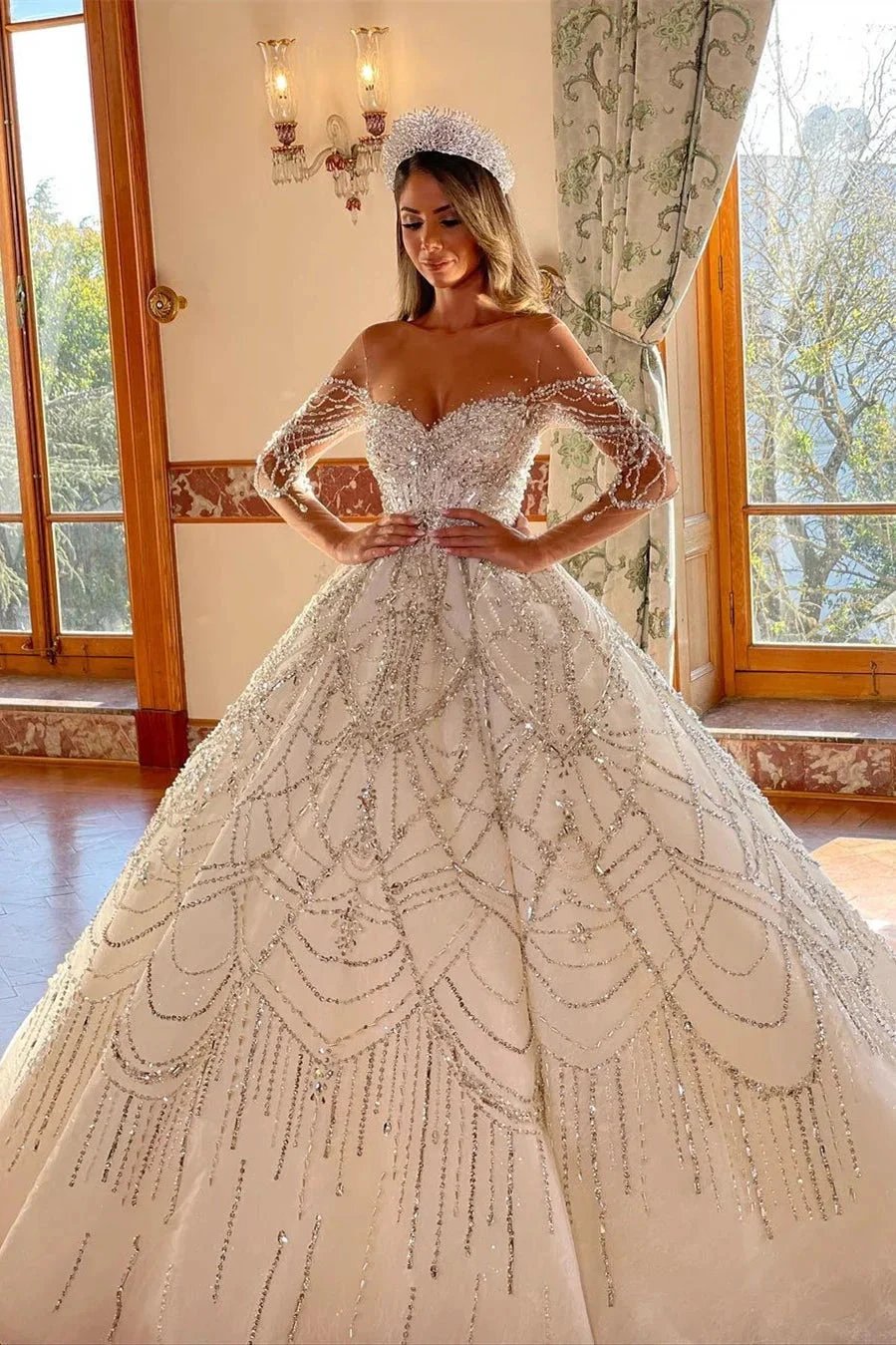 Charming Floor Length Sweetheart Long Sleeves A-Line Lace Wedding Dress (ZD16495)