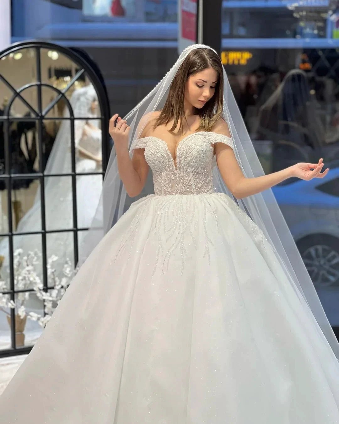 Charming Floor Length Sweetheart Off-The-Shoulder A-Line Lace Wedding Dress with Sequins (ZD14791)