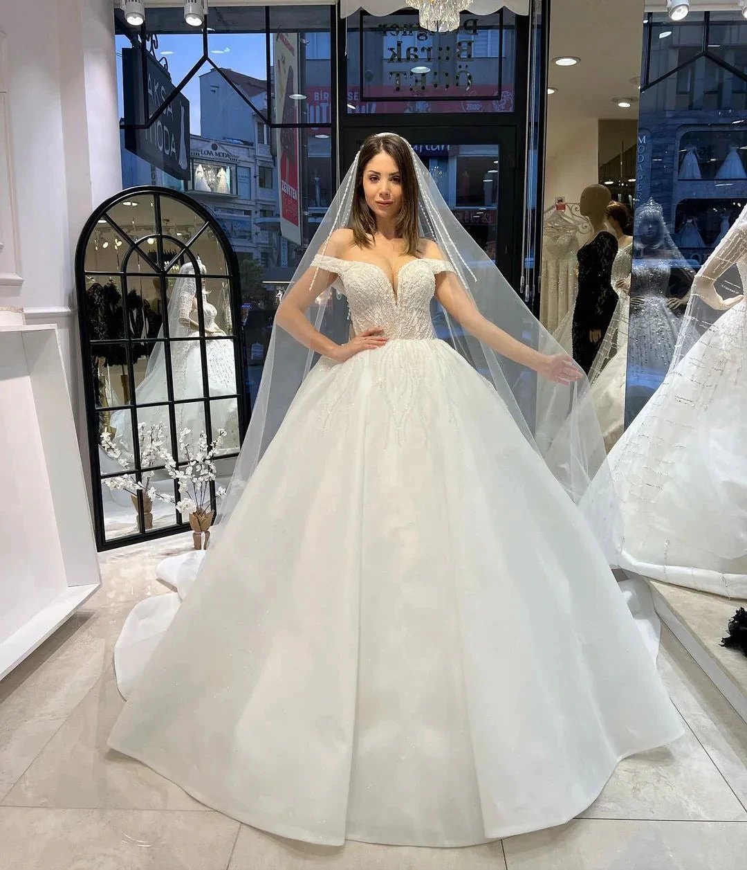 Charming Floor Length Sweetheart Off-The-Shoulder A-Line Lace Wedding Dress with Sequins (ZD14791)