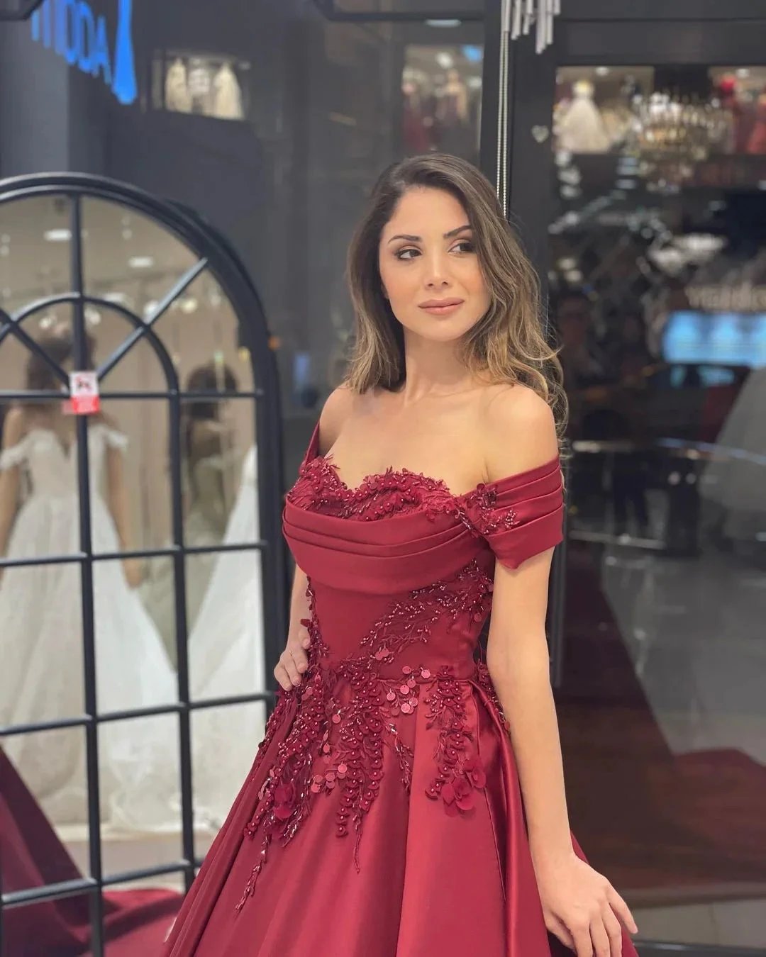 Charming Floor Length Sweetheart Off-The-Shoulder A-Line Satin Wedding Dress with Appliques (ZD14805)