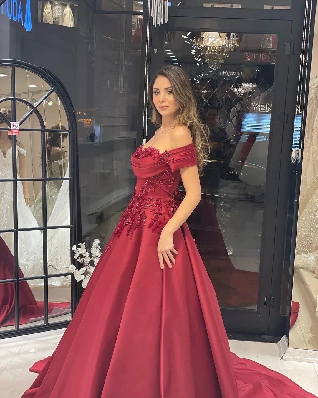 Charming Floor Length Sweetheart Off-The-Shoulder A-Line Satin Wedding Dress with Appliques (ZD14805)