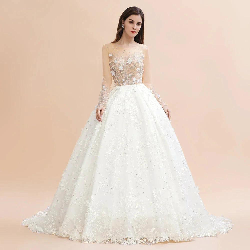 Charming Floral Lace Appliques Wedding Dress Gorgeous White Beads Bridal Gown (ZD13783)