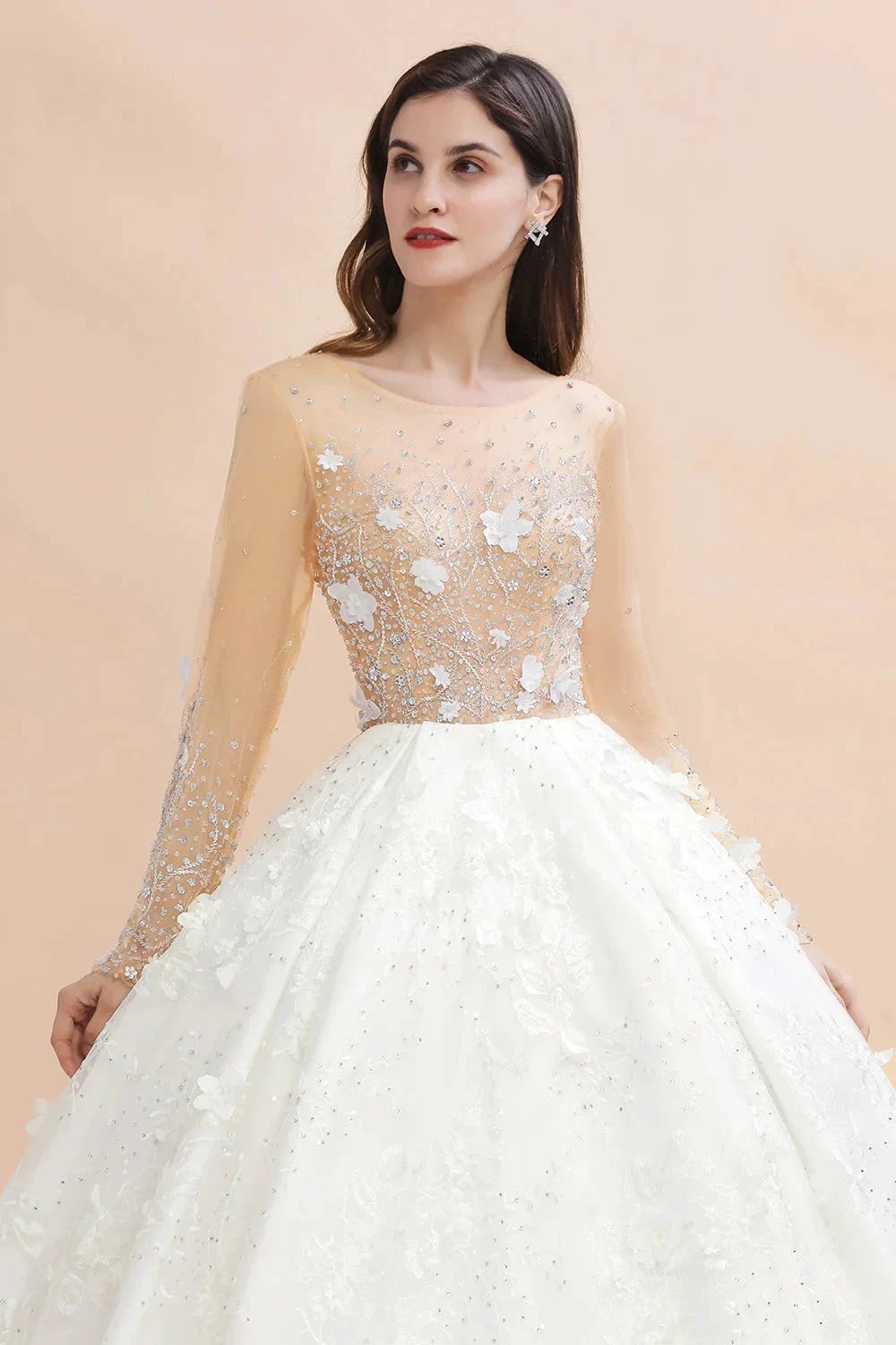 Charming Floral Lace Appliques Wedding Dress Gorgeous White Beads Bridal Gown (ZD13783)