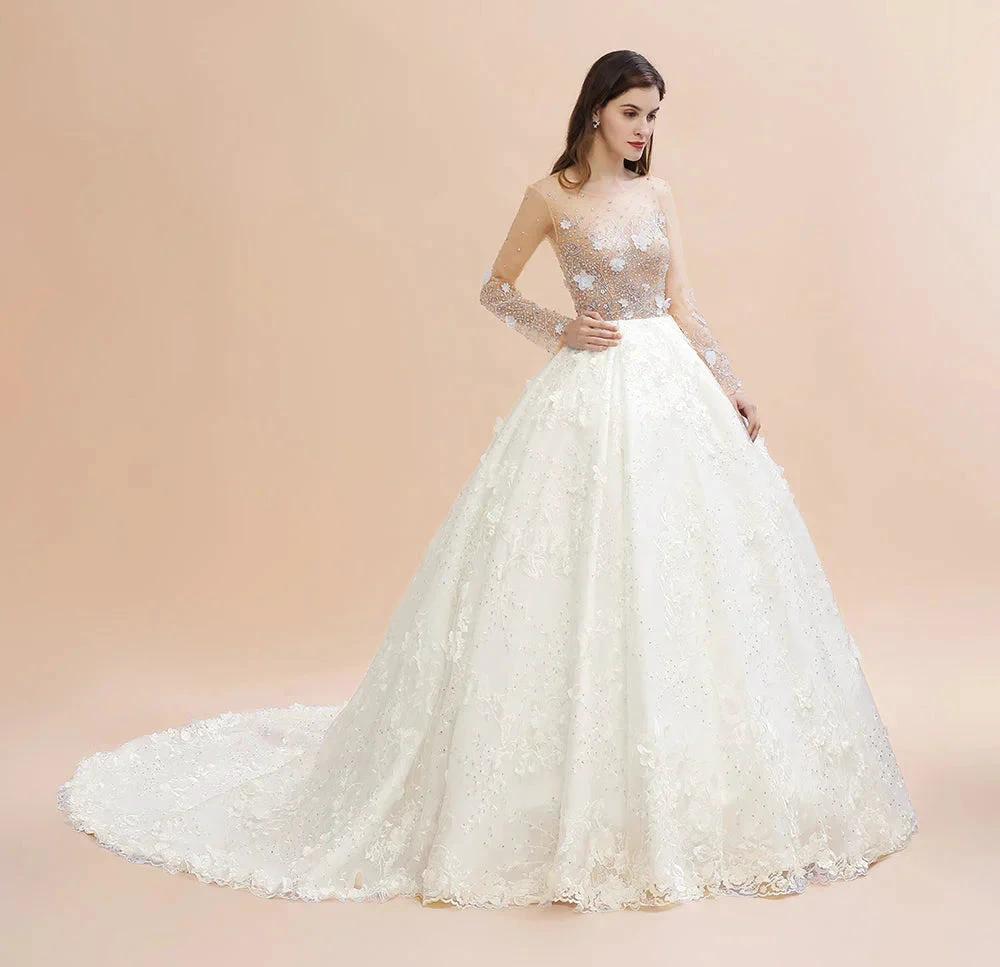 Charming Floral Lace Appliques Wedding Dress Gorgeous White Beads Bridal Gown (ZD13783)