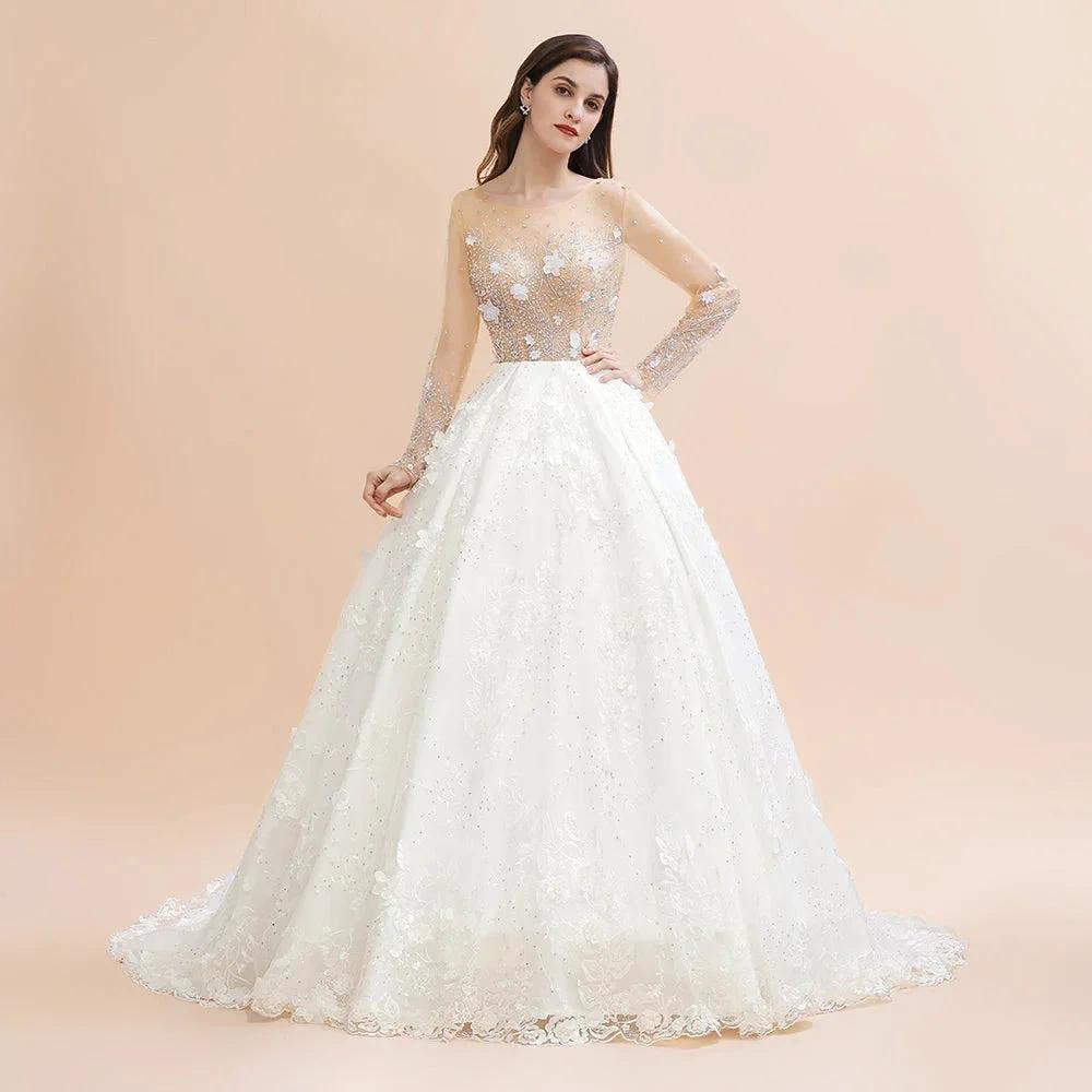 Charming Floral Lace Appliques Wedding Dress Gorgeous White Beads Bridal Gown by misshow.com