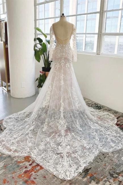 Charming Jewel Long Sleeves Chapel Mermaid Wedding Dress (ZD14942)