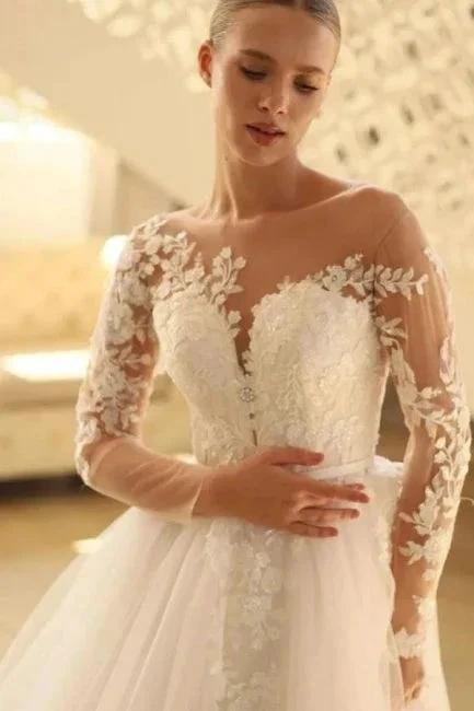 Charming Long A-line Lace Long Sleeves Tulle Wedding Dress (ZD15590)