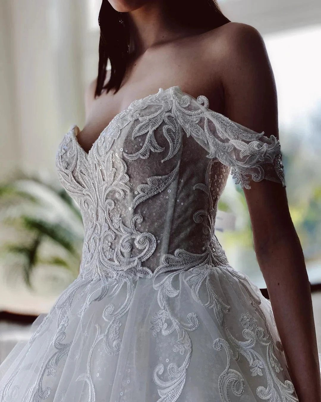Charming Long A-line Off-the-shoulder Tulle Wedding Dress with Glitter (ZD15023)