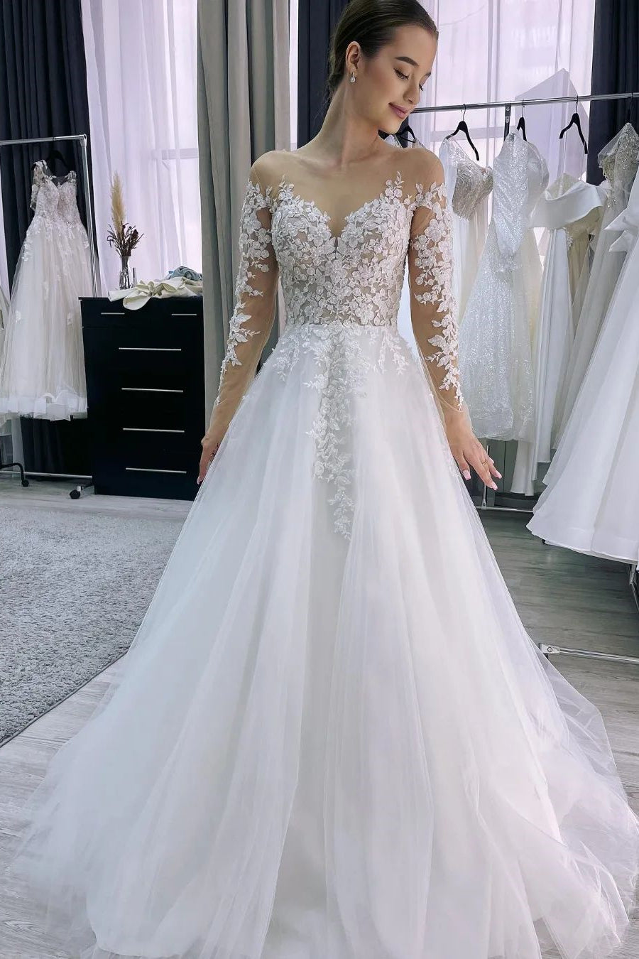 Charming Long A-line Tulle Wedding Dress with Appliques and Long Sleeves (ZD17487)