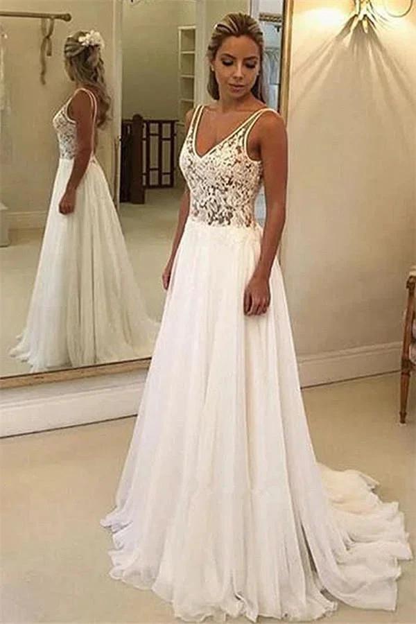 Charming Long A-Line V-Neck Appliques Lace Backless Wedding Dresses (ZD15927)