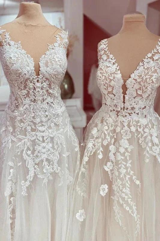 Charming Long A-Line V-neck Appliques Lace Tulle Wedding Dress (ZD15204)