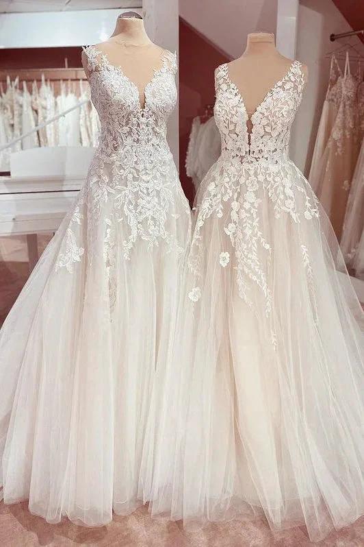 Charming Long A-Line V-neck Appliques Lace Tulle Wedding Dress (ZD15204)
