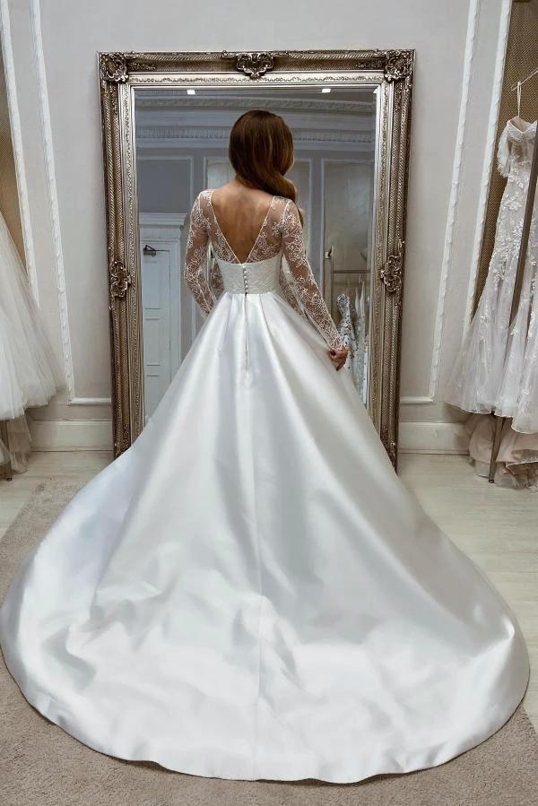 Charming Long A-line White Satin Split Wedding Dresses with Long Sleeves (ZD15644)