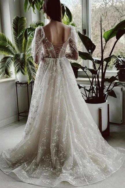 Charming Long Ivory A-line Long Sleeves Lace Wedding Dress With Slit (ZD15566)