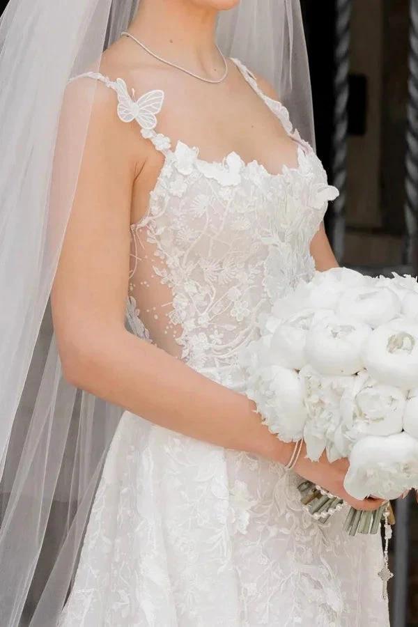 Charming Long Ivory Sleeveless Lace Wedding Dress with Detachable Train (ZD16683)