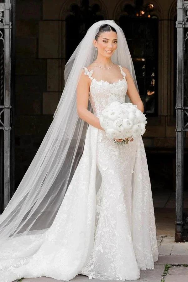 Charming Long Ivory Sleeveless Lace Wedding Dress with Detachable Train (ZD16683)