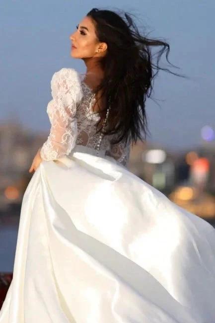 Charming Long Sleeves V-neck Satin Wedding Dress with Lace (ZD14886)