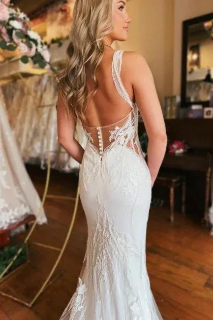 Charming Long V-neck Mermaid Sleeveless Wedding Dress With Lace (ZD15605)