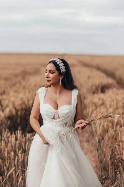 Charming Long White A-line Tulle Sleeveless Wedding Dress with Lace (ZD16624)