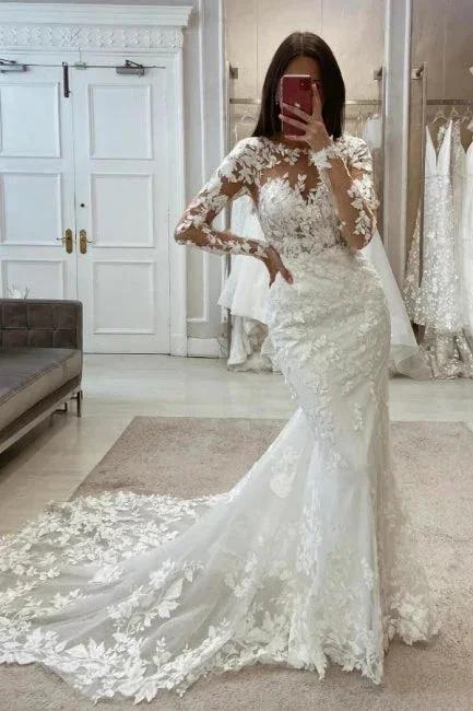 Charming Long White Mermaid Lace Wedding Dresses with Long Sleeves (ZD15624)