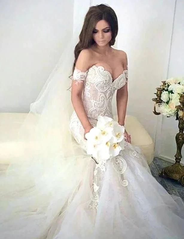 Charming Mermaid Style Off-the-Shoulder Sweep Train Lace Elegant Wedding Dresses (ZD16583)