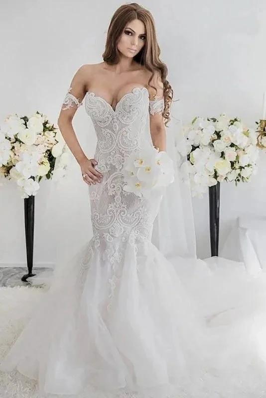 Charming Mermaid Style Off-the-Shoulder Sweep Train Lace Elegant Wedding Dresses (ZD16583)