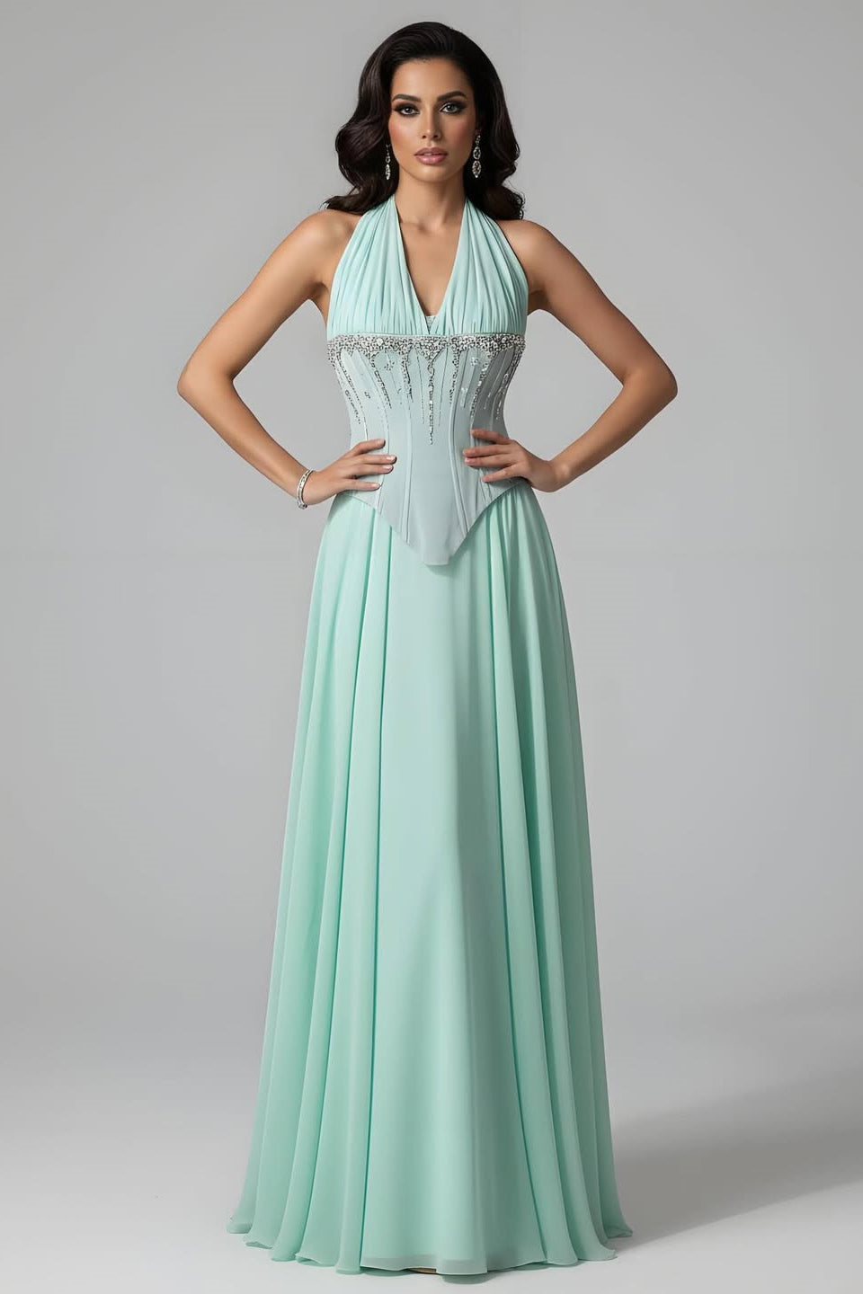 Charming Mint Halter Sleeveless Chiffon Prom Dresses A-Line Gem With Pleats