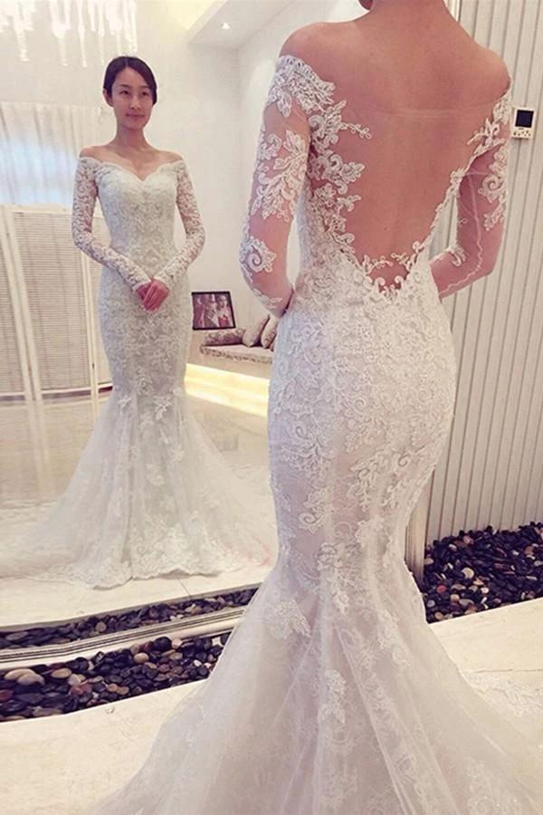 Charming Off The Shoulder Long Sleeves Lace Mermaid Wedding Dress (ZD16381)